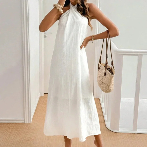 White Casual Women's Summer Solid Color Cross Halter Neck Straight Loose Dress - Picture 6 of 7